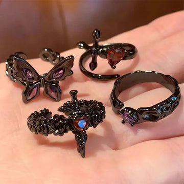 DAIIIBABYYY  -  Gothic Dark Black Butterfly Cross Geometry Irregular Open Rings For Women Men Punk Y2K Halloween Grunge Accessories Jewelry Gift